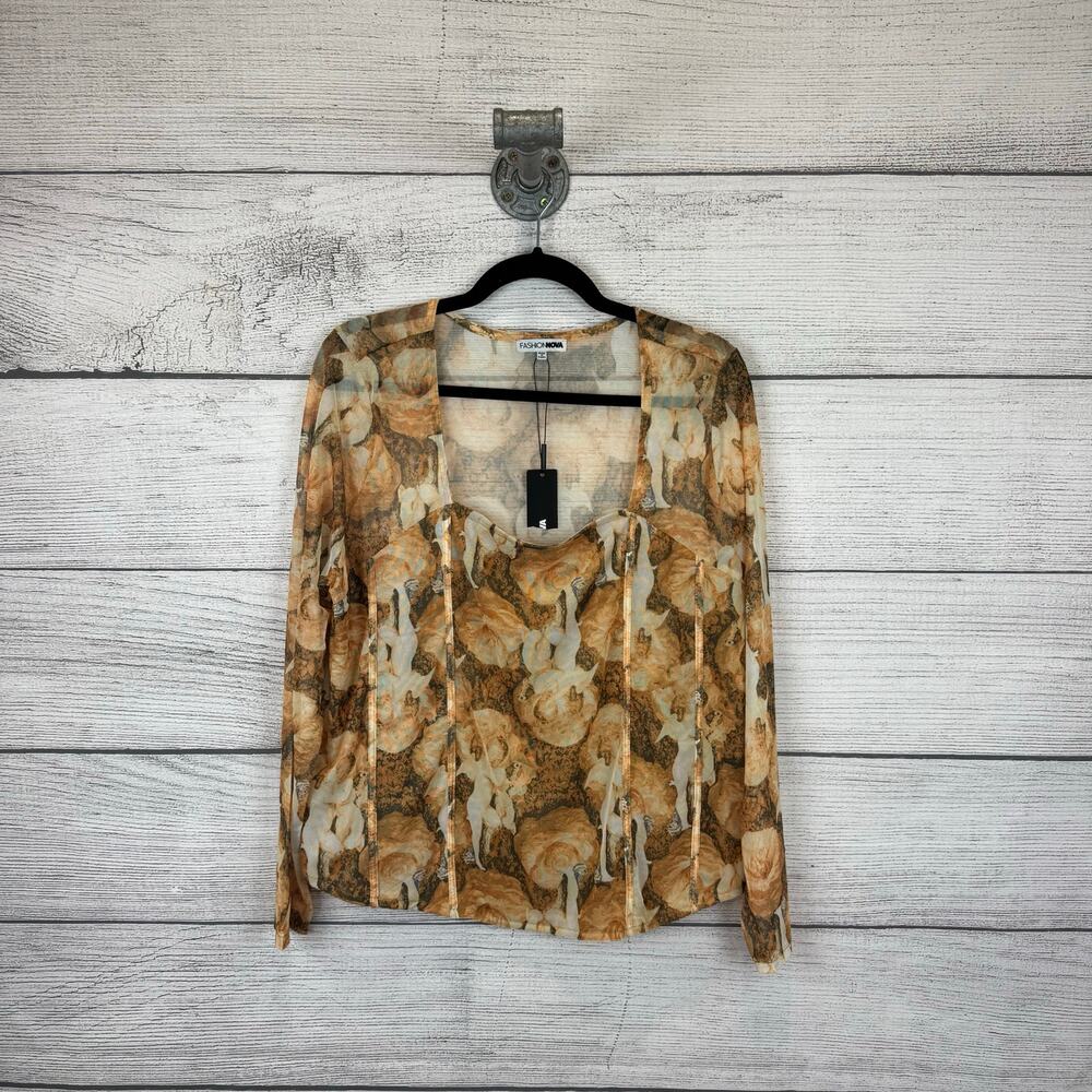 Fashion Nova Plus Size Mesh Long Sleeve Tan Floral Odette Top Size 2X